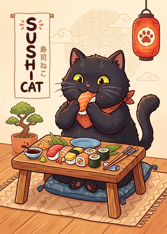 Black Cat Eating Sushi