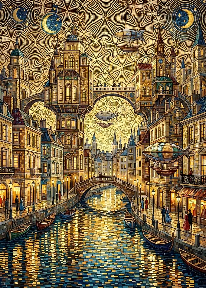Steampunk Cityscape at Night