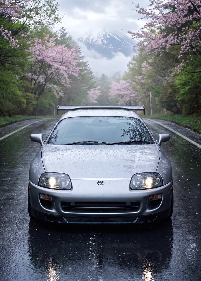 Toyota Supra mk4 with Mount Fuji and Cherry Blossoms