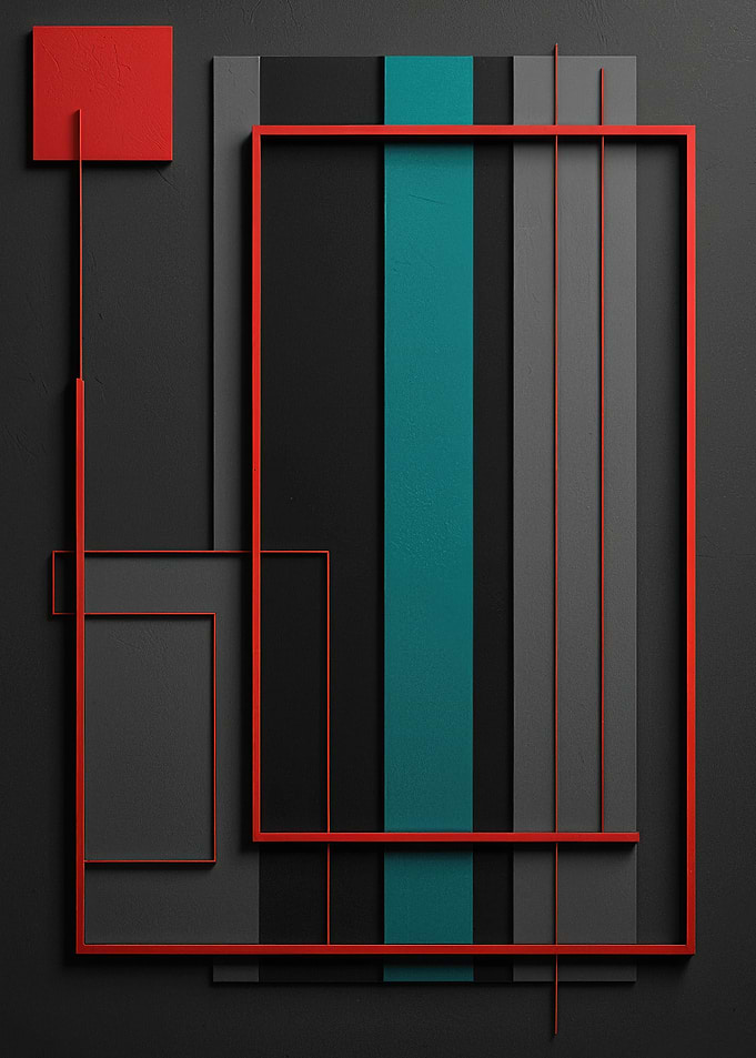 Minimal Geometric Relief with Red Frame and Teal Stripe