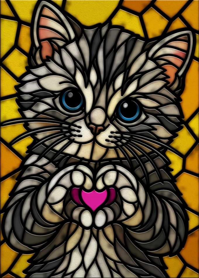 Stained Glass Cat Holding Heart