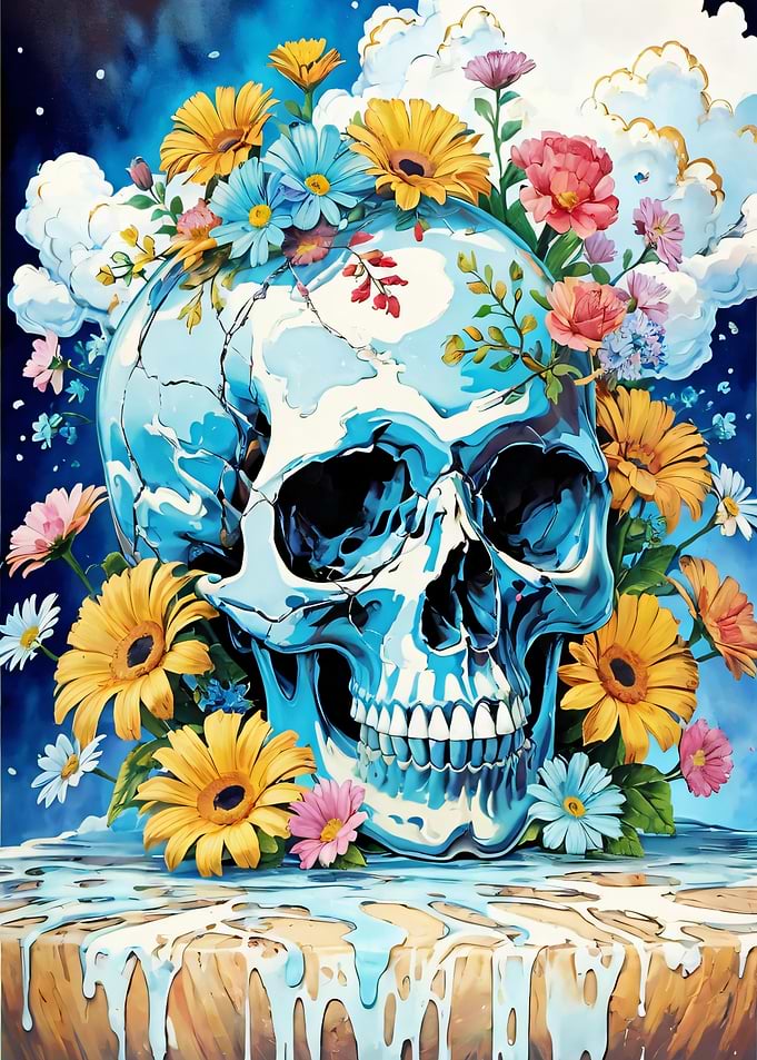 Skull adorned with vibrant flowers