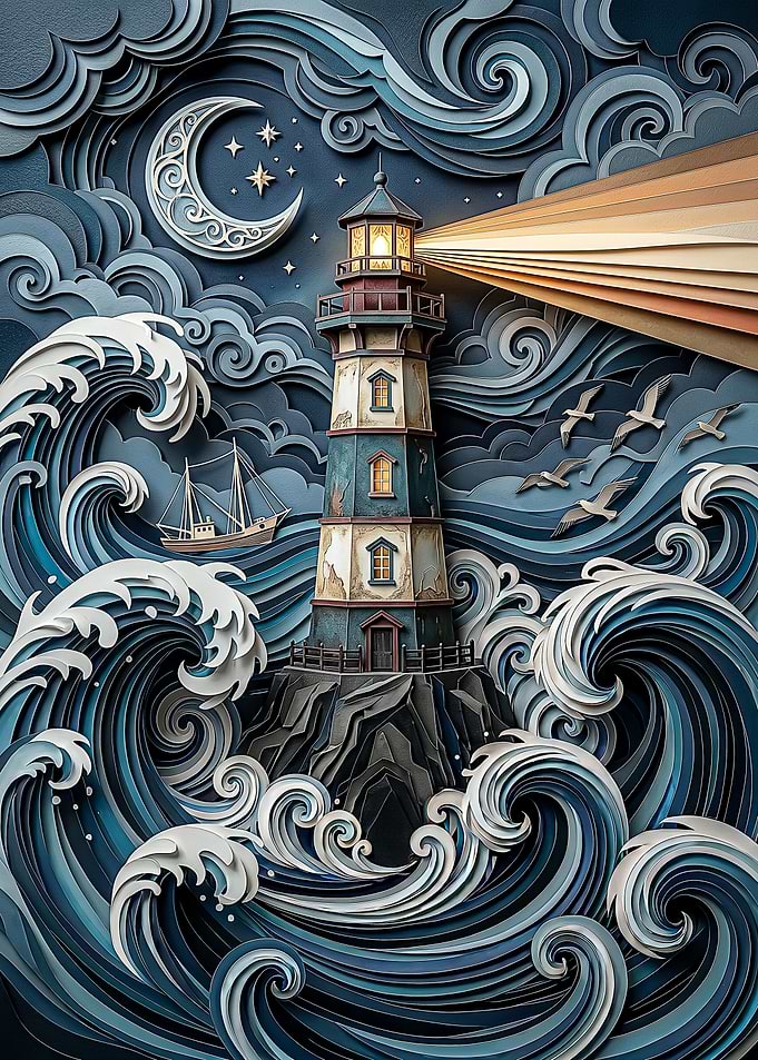 Guiding Light - 3D Paper Cut Style Lighthouse & Ocean Waves