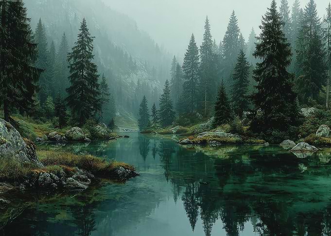 Misty Mountain Lake with Pine Forest