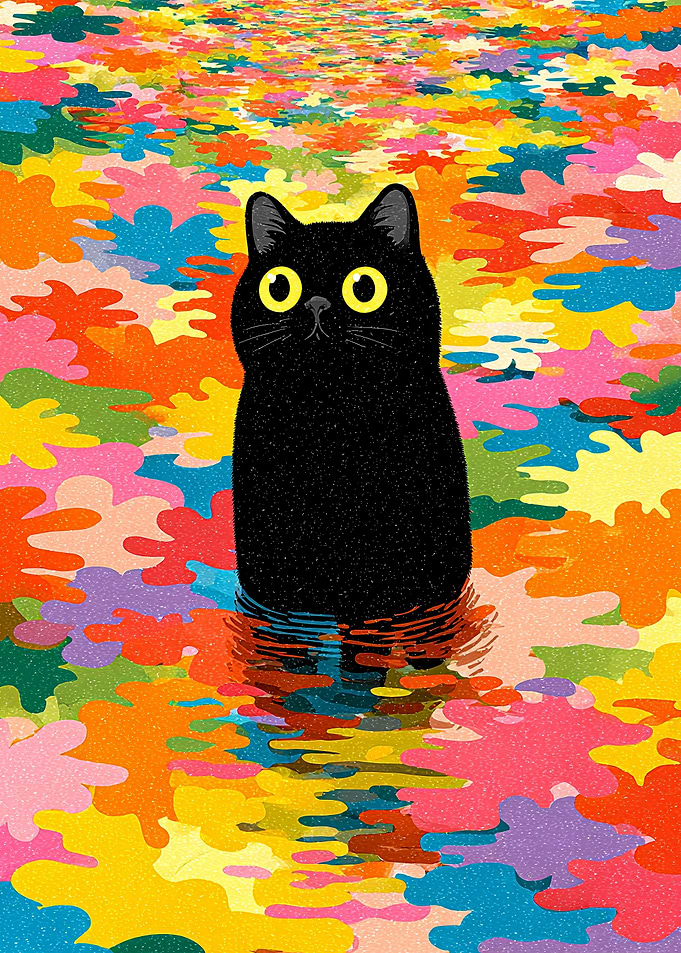 Black Cat in Colorful Water