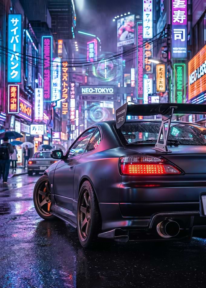 Cyberpunk Silvia S15 Car in Neo-Tokyo