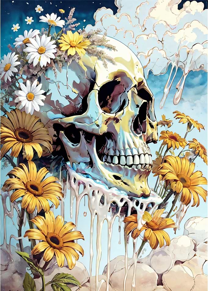 Skull with Flowers and Drips