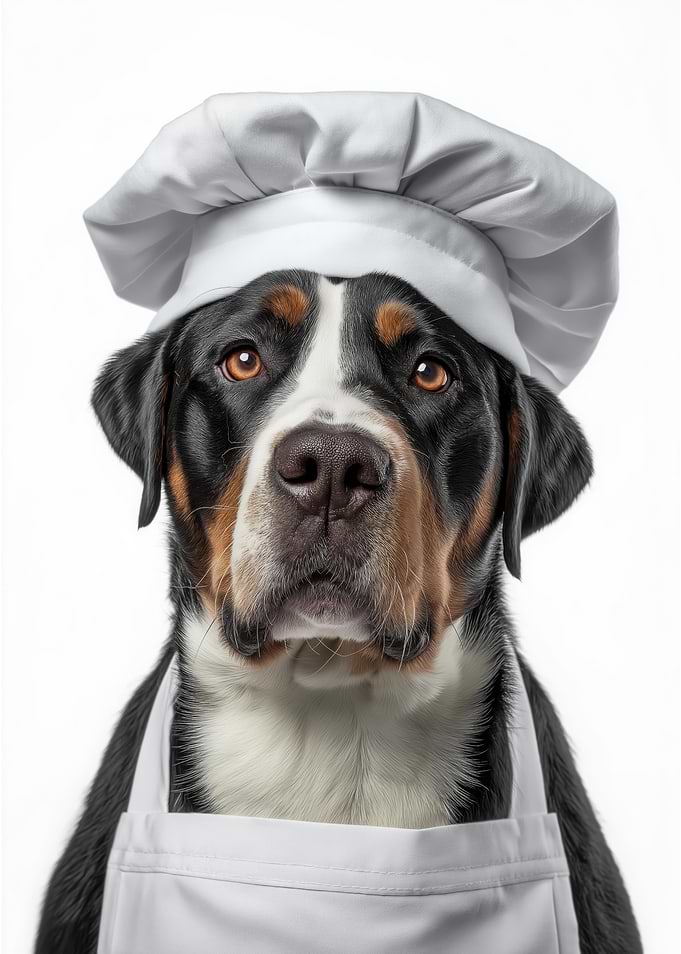 Chef Greater Swiss Mountain Dog in Chef Hat and Apron