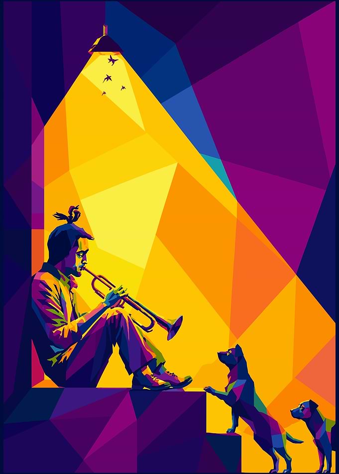 Musician and Dogs in Geometric Style