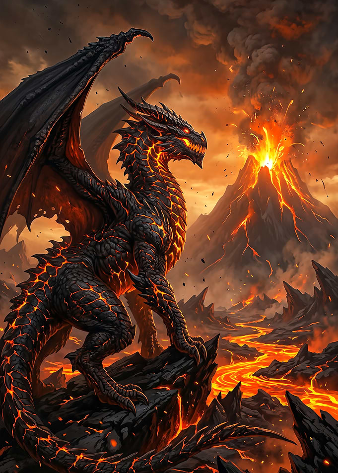 Black Dragon in a Volcanic Landscape