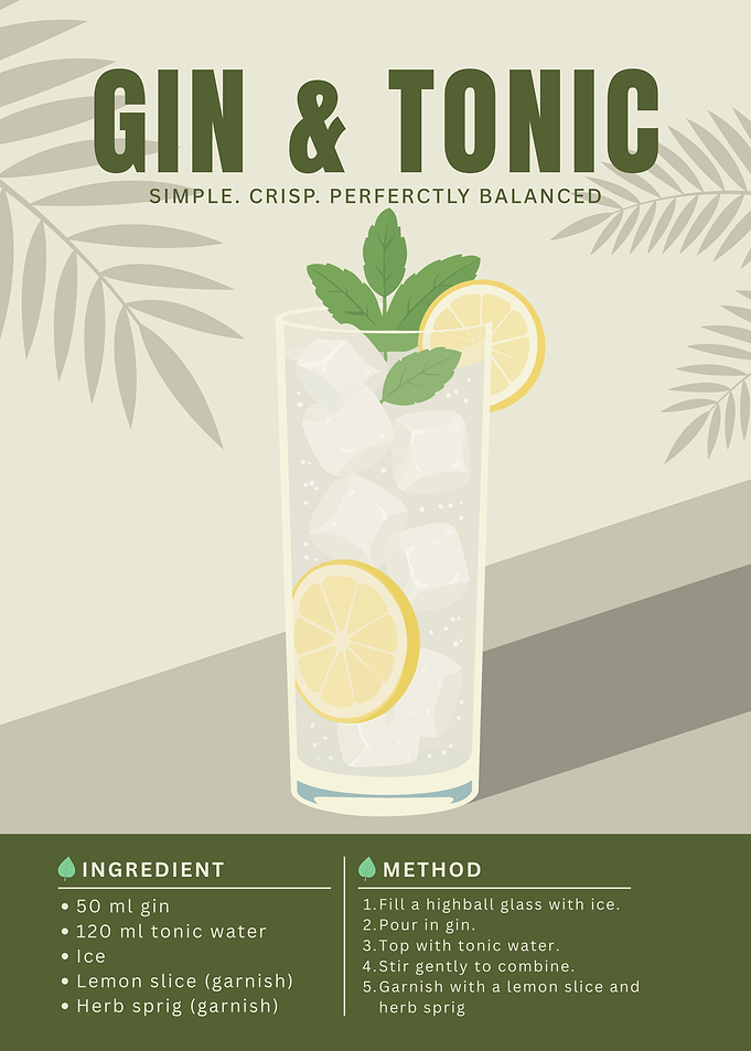 Gin & Tonic Cocktail Poster – Minimalist Gin Drink Art in Fresh Botanical Style