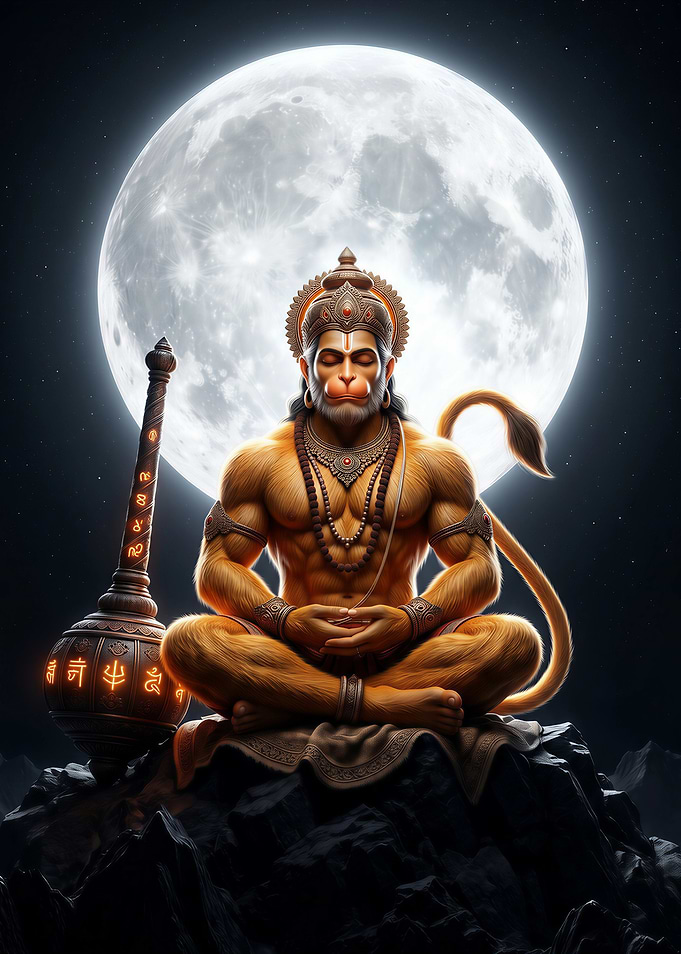 Divine Hanuman Meditation Under Full Moon – Spiritual Art