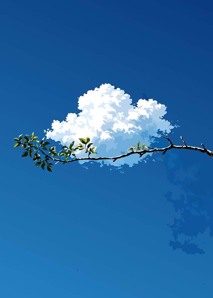 Branch with Leaves Against a Cloudy Sky
