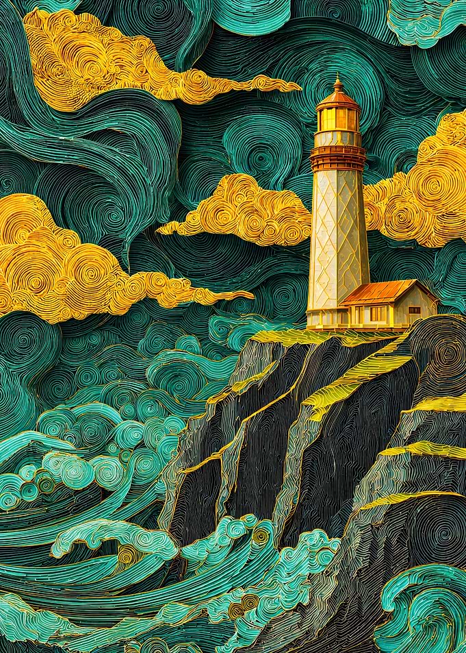 Textured Lighthouse Cliff Ocean Waves