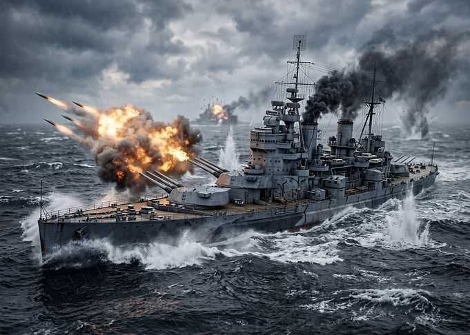 Battleship Firing Torpedoes in Stormy Seas