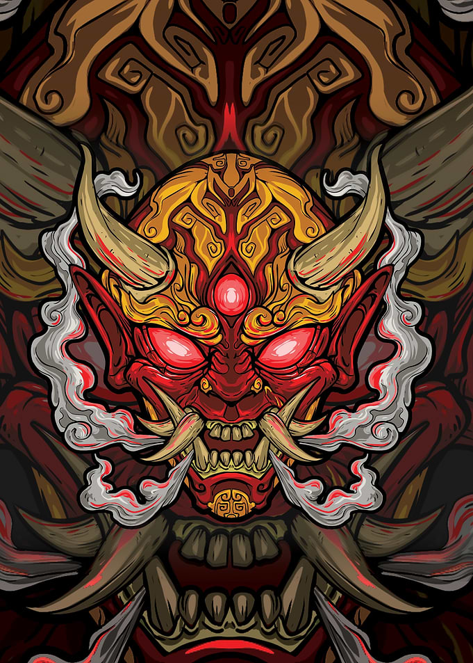 Demonic Oni Mask with Glowing Eyes