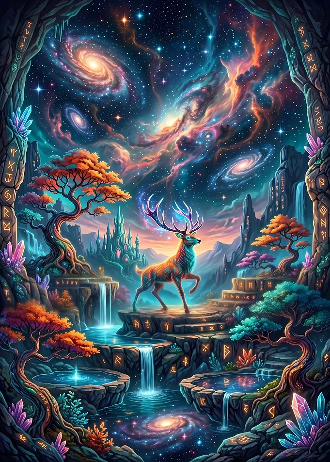 Enchanted Forest with Cosmic Sky and Stag