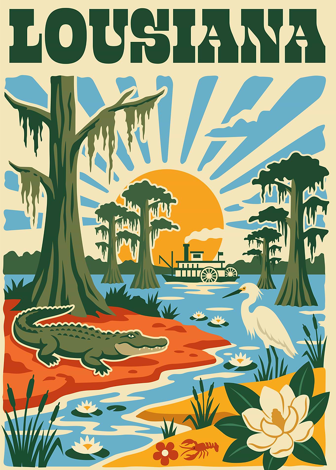Louisiana Swamp Scene with Steamboat