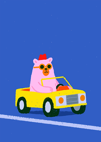 Pink bear driving a yellow car