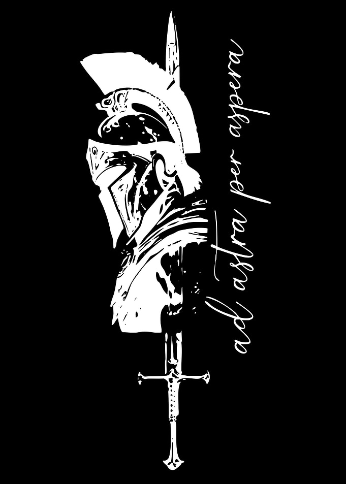 Knight's Helmet and Sword with Latin Phrase