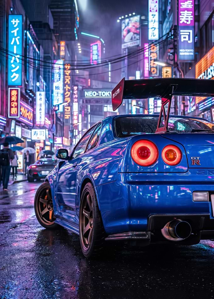 Blue Nissan GT-R r34 in Neon cyberpunk Tokyo