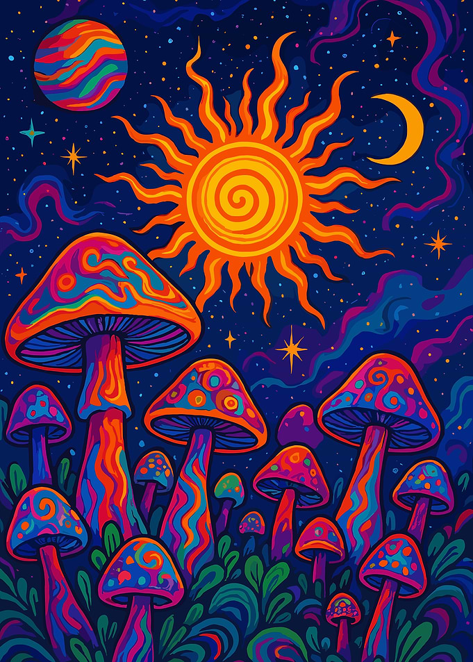 Psychedelic Mushroom Poster, Trippy Space Wall Art, Cosmic Night Sky Fantasy Print