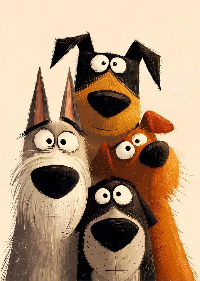 Four Cartoon Dogs with Big Eyes