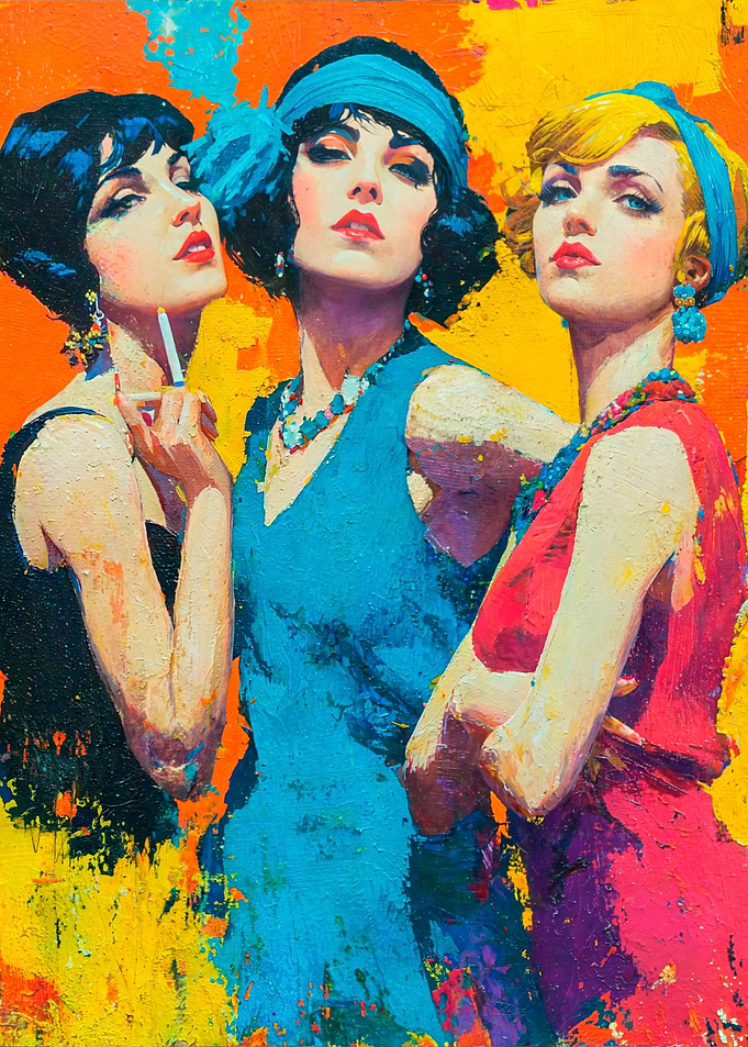 Three Flapper Women in Vibrant Colors