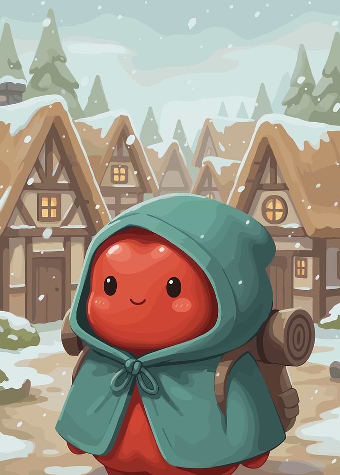 Cute character in a snowy village