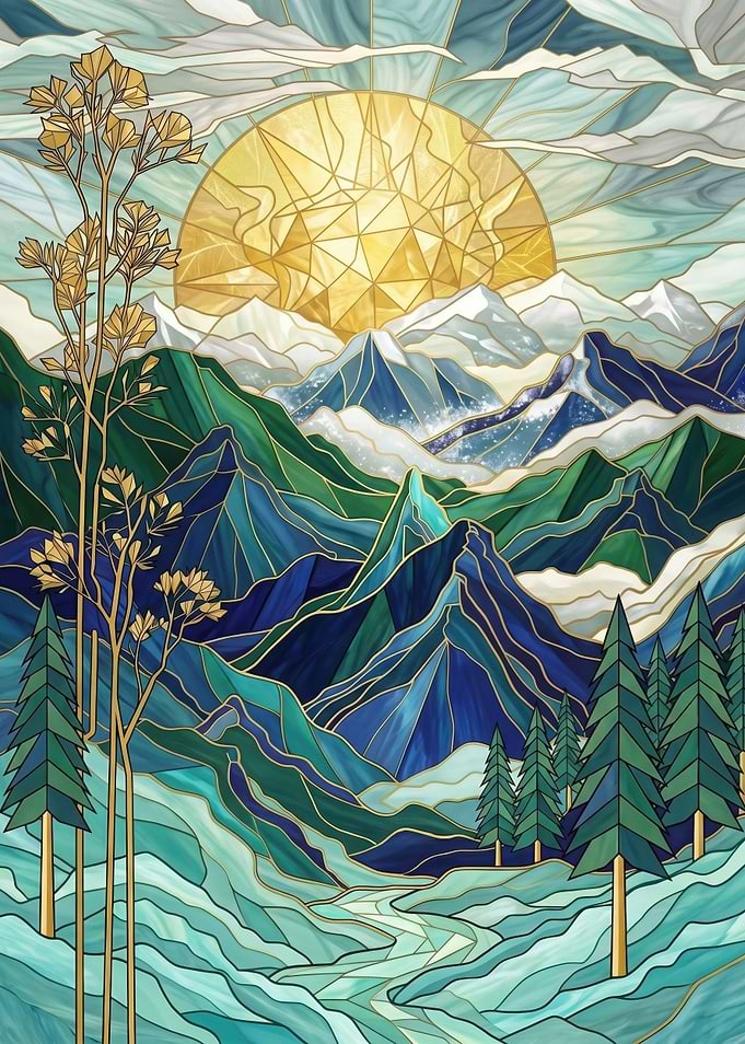 Stained Glass Mountain Landscape