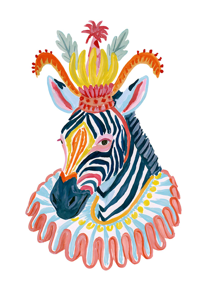 Whimsical Zebra Portrait with Crown and Ruffle Collar