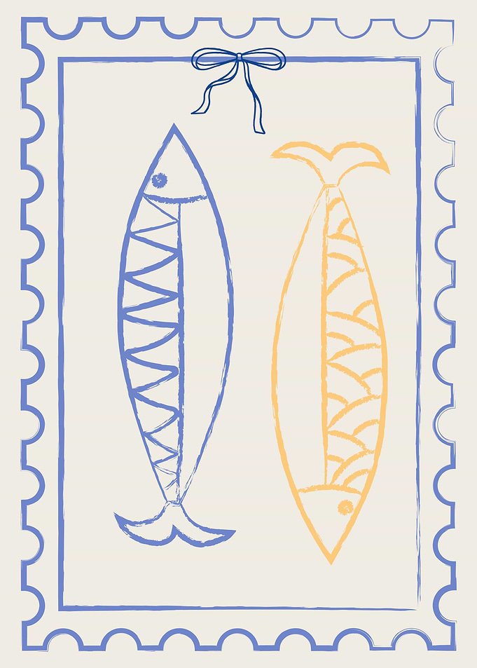 Two stylized fish on a stamp