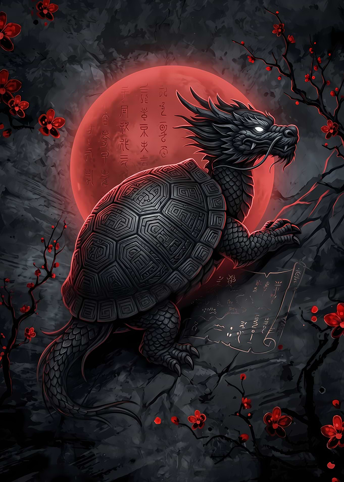 Dragon Turtle Under Red Moon