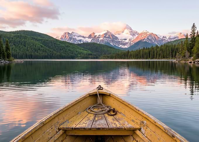Boat on a serene lake with mountains