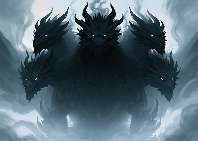 Five-Headed Black Dragon in Smoke
