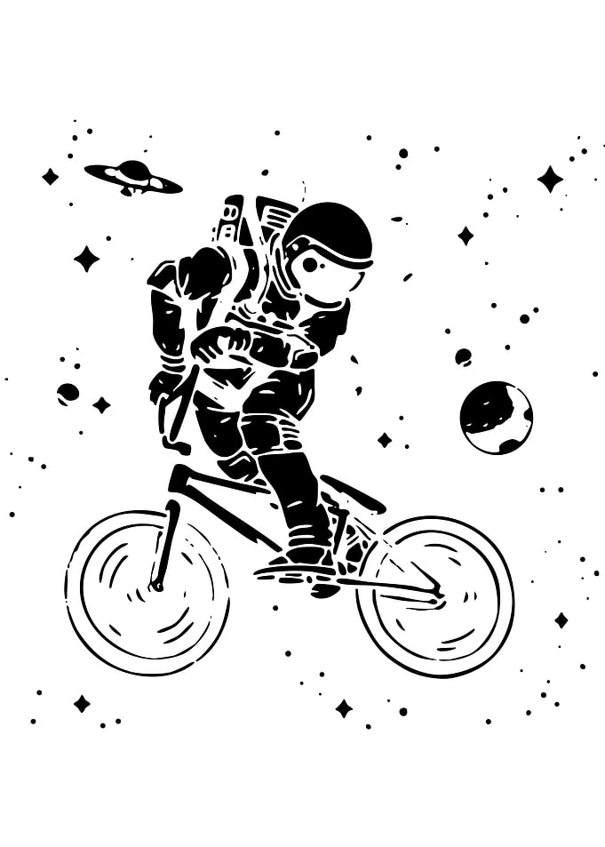 Astronaut riding a bicycle in space