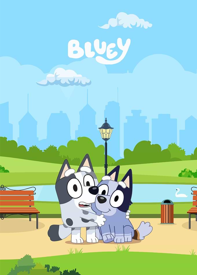 Bluey and Bingo in a Park