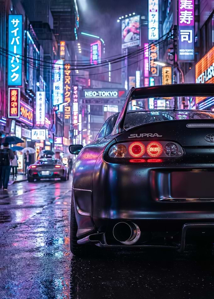Cyberpunk Supra mk4 in Neo-Tokyo poster