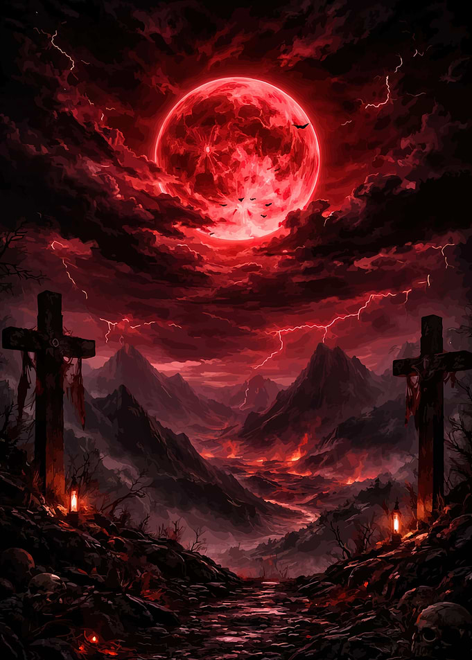 Bloody Moon Over a Hellish Landscape