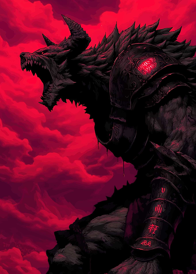 Fierce Werewolf Warrior in Red Sky