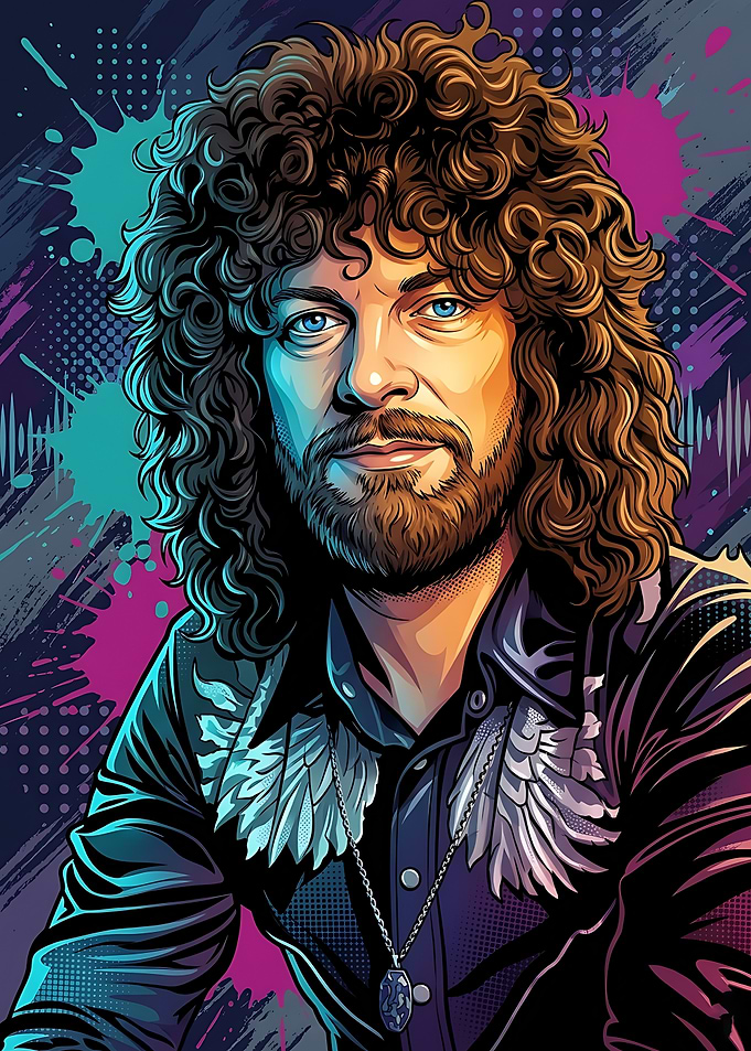 Portrait of a Jeff Lynne's Elo with curly hair
