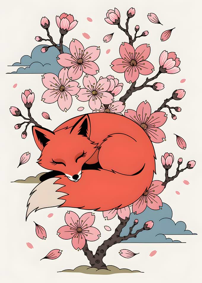 Sleeping Fox and Cherry Blossoms - Cute Japanese-Style Illustration