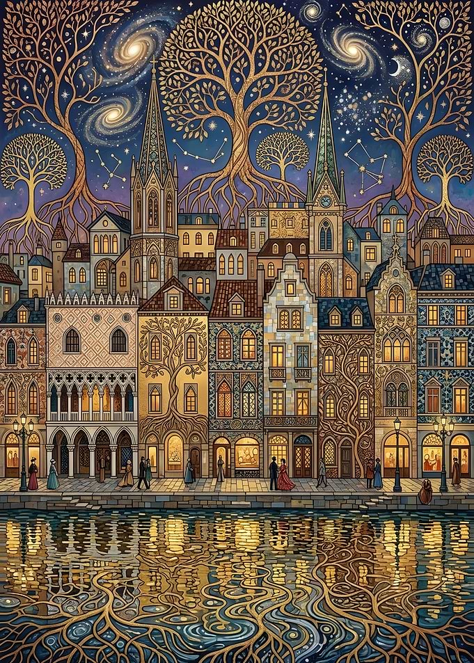 Magical Cityscape with Cosmic Trees