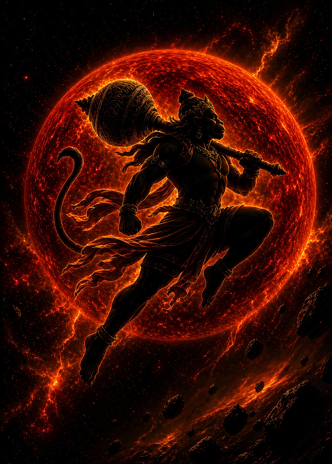 Divine Hanuman Cosmic Warrior – Fiery Celestial Art