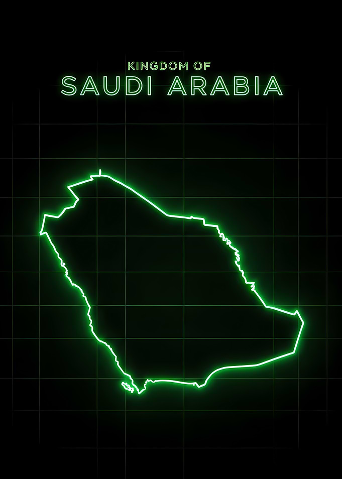 Neon Outline Map of Saudi Arabia Glowing Green Futuristic Digital Style, Neon UI