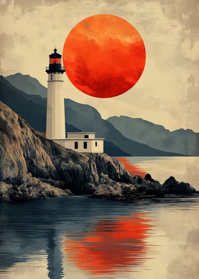 Lighthouse and Red Sun Reflection