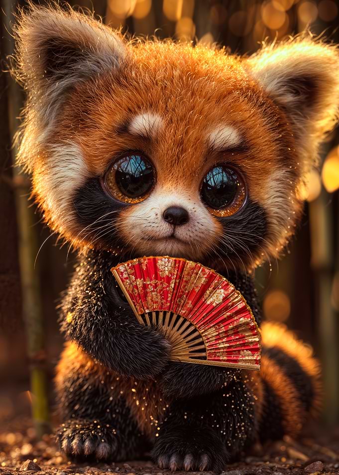 Cute Red Panda Holding Red Fan