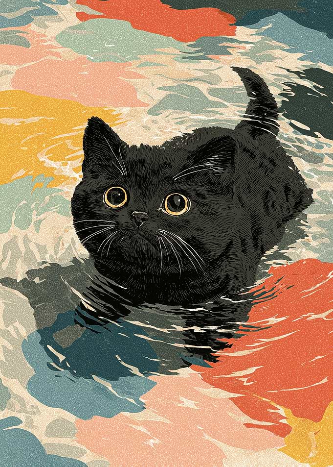 Black Cat in Colorful Water