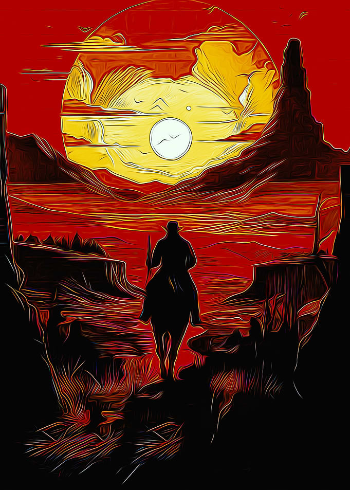 Cowboy Riding Horse at Sunset