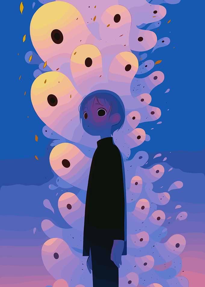Sad Child Surrounded by Abstract Shapes